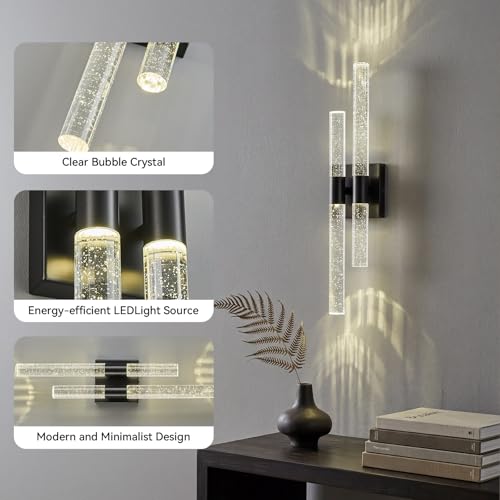 Image of Crystal Wall Sconces Set of Two Black Wall Sconce Hardwired LED Bathroom Vanity Light Fixtures 21.25in 4000K Vertical and Horizontal Wall Mounted Sconces for Bedroom, Living Room, Hallway