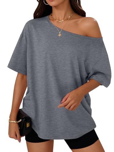 Image of Trendy Queen Womens Off the Shoulder Tops Oversized Summer T-Shirts 2026 | Breathable Strenchy Comfort Material Short Sleeve Basic Oversized Tees Casual Workout Gym Y2k Going Out Clothes
