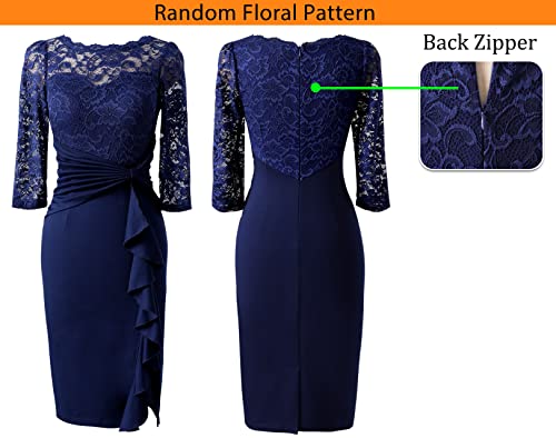VFSHOW Womens Floral Lace Ruffle Peplum Bow Split 3/4 Sleeve Cocktail Party Bodycon Pencil Dress4