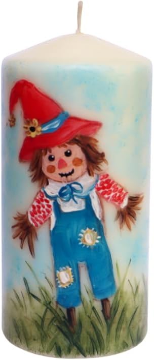 Decorative Large 6 Inch Ivory Fall Pillar Candle with Artist Hand Painted Scarecrow Design Autumn Dining Room Table Autumnal Home Decor