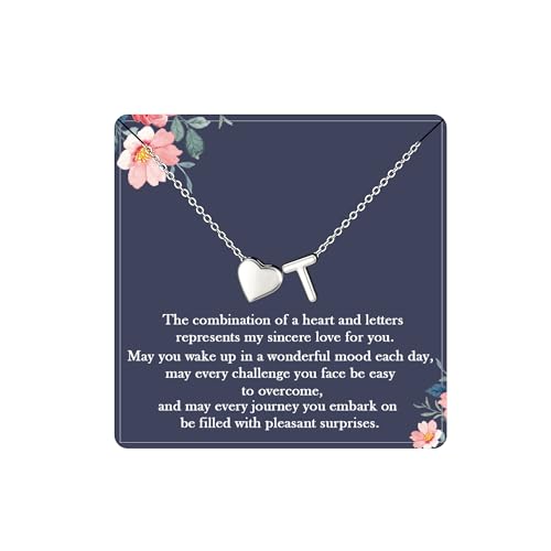 ESPVO Silver Heart Initial Necklace for Women Teen Girls Letter T Name Pendant Necklaces Womens Personalised Jewellery Anniversary Birthday Presents for Her Teenage Girl Jewelry