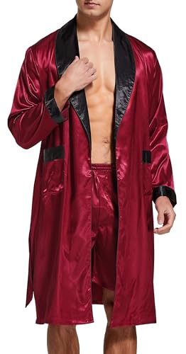 Mens Satin Robe Lightweight Silk Long Sleeve Bathrobe with Shorts Set Spa Kimono Sleepwear