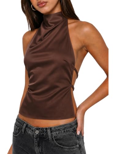 Matunana Women Satin Halter Tops Going Out Mock Neck Backless Tank Top