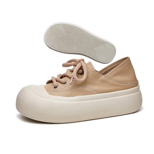 Women's Genuine Leather Lace up Platform Sneakers Comfortable Wide Round Toe Non Slip Heighten Cute Walking Shoes for Party Traveling Shopping Casual Shoes