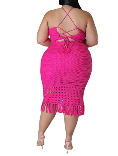 Image of Women Plus Two-Piece Skirt Set Tassel Fishing Net Knittin Hollow Out Off Shoulder Beach Dresses Swimsuit Cover Ups