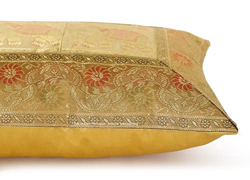 Image of Ravaiyaa - Attitude is everything Banarasi Brocade Silk Pillow Cover Elephant Design Cushion Pillow Sham Case Home Decorative Set of 2 Piece 12 inch X 20 inch Inch