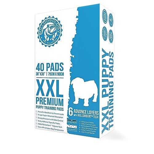 Image of Bulldogology Premium XXL Puppy Pads with Adhesive Tabs - Dog Pads Extra Large (30x36) - Leak Proof Dog Pee Pads Extra Large - Ultra Absorbing Extra Large Puppy Pads (40-Count, White)