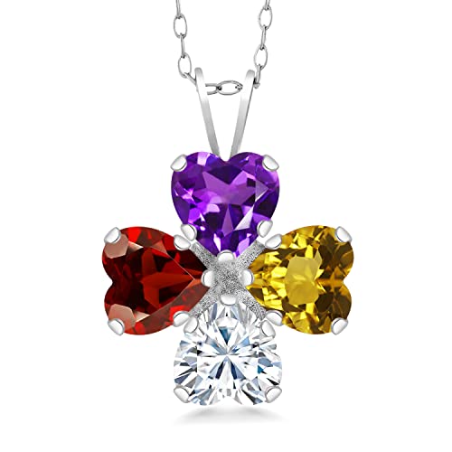 Gem Stone King Customized and Personalized 4 Heart Shape Pendant Necklace For Women | 925 Sterling Silver | Gemstone Birthstone Fashion Love Mothers Flower Blossom Necklace | With 18 Inch Silver Chain