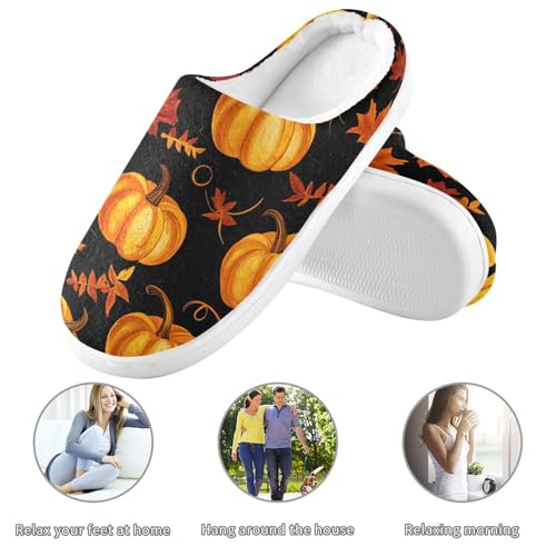 JUNZAN Autumn Pumpkin Fall Maple Leaf Thanksgiving Mens Cotton Slipper Winter Memory Foam Mens Slippers for Travel Christmas Presents 6-73