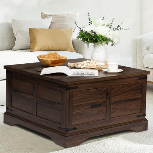 Wnutrees Farmhouse Coffee Table with Hinged Lift Top and Large Hidden Storage Compartment, Rustic Square Wood Central Table for Living Room, Bedroom, Home Office,Walnut