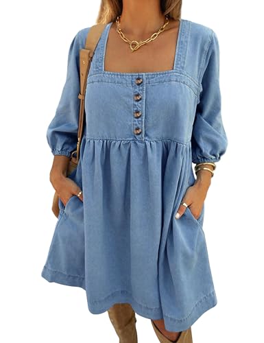 Skirt BL Denim Dress for Women Square Neck Jean Dress 3/4 Sleeve Babydoll Tiered Summer Dresses with Pockets 2025