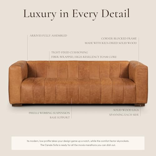 Image of POLY & BARK Canale Sofa - 86 inch Channel-Tufted Italian Leather Couch - Cognac Tan Full-Grain Pure-Aniline or Semi-Aniline Leather, Solid Wood Frame & Legs