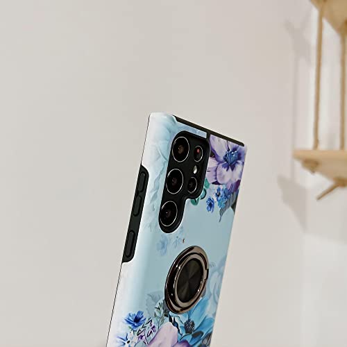 Lming Galaxy S23 Ultra Case With Finger Grip, Cute 3D Print Flowers Cover [Support Magnetic Car Holder] Dual Layer Shockproof Edge Soft Tpu+Hard Pc Phone Case For Samsung Galaxy S23 Ultra 6.8"(Blue) #TOP2