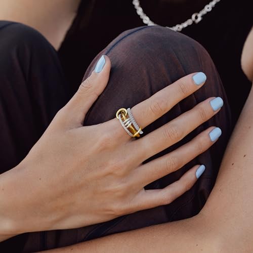 BKC Gold Stackable Rings for Women, 14k Gold Plated Chunky Statement Cubic Zirconia Rings, Silver Gold Multi Ring Interlocking Mixed Metals Stack Rings Set Non Tarnish2