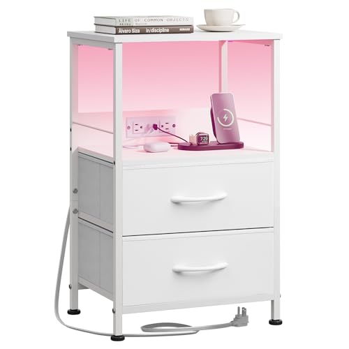 WLIVE White Night Stand with Charging Station, LED Nightstand with 2 Fabric Drawers and Storage Shelf, Dorm Bedside Table End Table with 2 USB Ports and Outlets, Small Dresser for Bedroom
