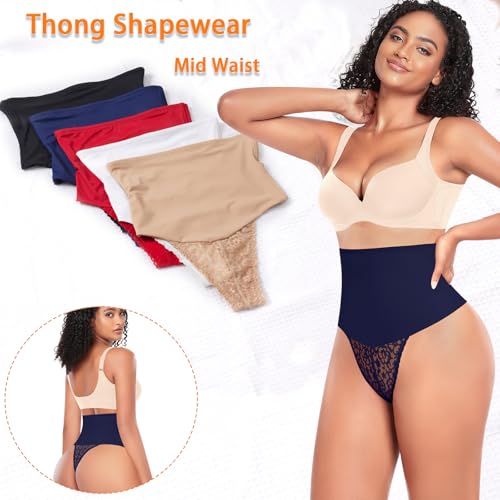 Image of Werena Tummy Control Thong Shapewear for Women Mid High Waisted Body Shaper Underwear Lace Shaping Thong Girdle Panties