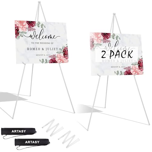 ARTASY 63" Easel Stand for Wedding Signs, Posters, Portable Artist Easel for Painting Canvas, Tripod for Home and Office, Supports 5 lbs-White 2/Pack