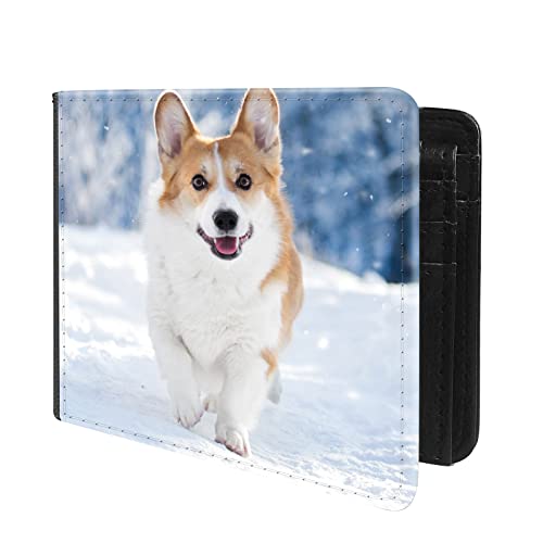 (Welsh Corgi Puppy in Winter Snow-2 Front Pocket Slim Bifold Leather Wallet RFID Blocking with ID Window for Men