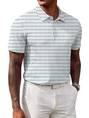 ERECT PEAK Men's Shirts Dating Resort Polo Formal Training Polo Shirts Performance Golf Button Athletic Short Sleeve Stretchy Moisture Vacation Pattern Upf5 Wicking Business Shirts White Geometric S