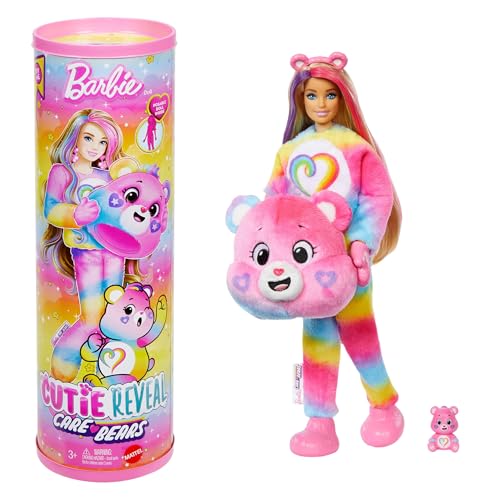 Barbie Cutie Reveal Care Bears Serie 2 Togetherness Bear Muñeca y accesorios con 10 sorpresas, incluye cambio de color y un osito en miniatura, JFV60