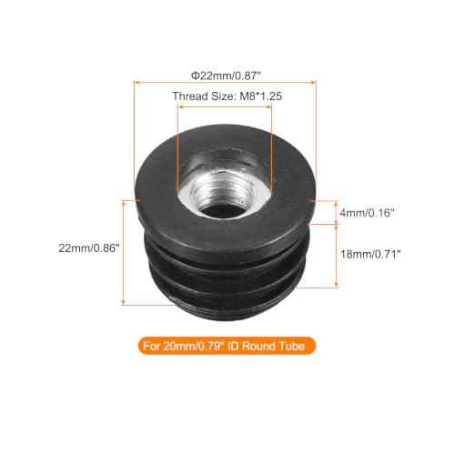 Image of uxcell 4Pcs Inserts for Round Tubes with M8 Thread, for 22mm /0.87 inch OD, Black Plastic Plug Caster Insert Chair End Caps Furniture Leg Plug