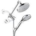 BRIGHT SHOWERS Rain Shower Head with Handheld Spray Built-in Power Wash, High Pressure Dual Shower Head with Height Adjustable Extension Arm, 3-Way Diverter, 9 Settings Handheld, 69” Long Hose, Chrome