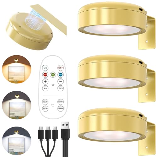 3 Pack Picture Lights for Wall, Rechargeable Battery Operated Wall Light, Picture Frame Lights with 3 Lighting Modes, Wireless Magnetic Painting Light Remote Control Timer for Art Frame Artworking