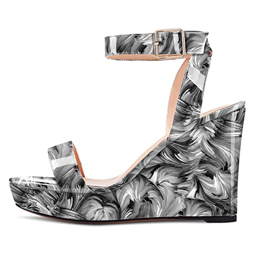 Image of Aachcol Women Platform Wedge Sandals Round Peep Open Toe Ankle Strap Slingback Two-Piece Chunky Block High Heel Dress Shoes Pumps Party Patent 4 Inch