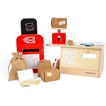 Bigjigs Toys Post Office Set - 20 Pieces Wooden Postie Play Set, Toddler Fantasy Play Sets and Accessories, Role Play Gifts for Kids, Age 3 Years