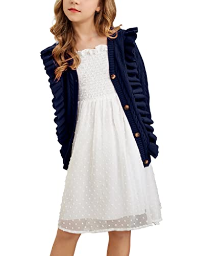 Arshiner Kids Cardigans Girls Kawaii Ruffle Trim Cardigan Button Front Cable Knit Sweater Christmas V Neck Sweater Blazer Pointelle School Uniform Navy Blue For 7-8 Years #TOP1