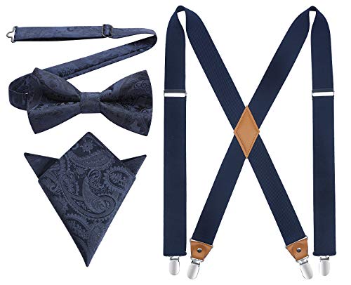 Image of HISDERN Bow Tie and Suspenders for Men Elastic X-Back Suspender and Bowtie Set Adjustable Braces for Wedding Tuxedo