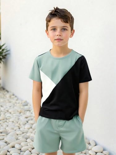 Image of Ayzozuy Boy Clothes Colorblock Top + Drawstring Waist Shorts 2 Pieces Kid Summer Outfits Set