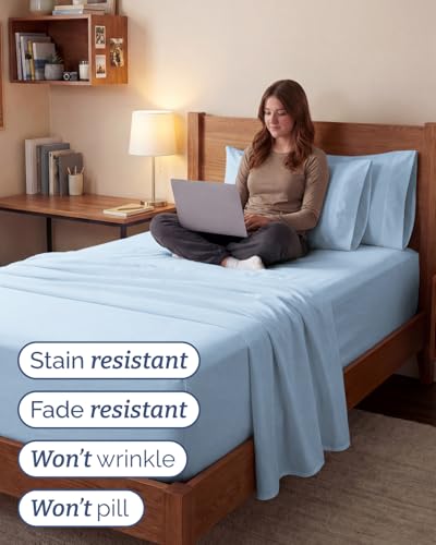 Image of Extra Deep Twin XL Sheet Set - 4 Piece Breathable & Cooling - Light Blue | Hotel Luxury Bed Sheets Set, Easy & Secure Fit, Ultra-Soft, Wrinkle & Fade Free, Comfy Sheets Set with Extra Deep Pockets