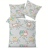 GEDAEUBA Eule Bettwäsche 135x200 - Eulenmotiv Kinder Bettbezug, Wendebettwäsche und Kissenbezug 80x80, Weiche & Angenehme Mikrofaser Bettwäsche-Sets mit Reißverschluss