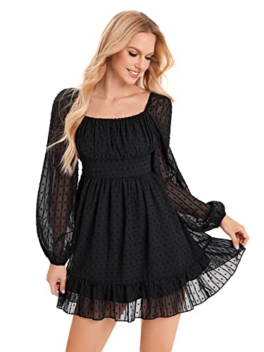 WDIRARA Women's Bishop Long Sleeve Scoop Neck Ruffle Hem A Line Chiffon Dress Black Dots M