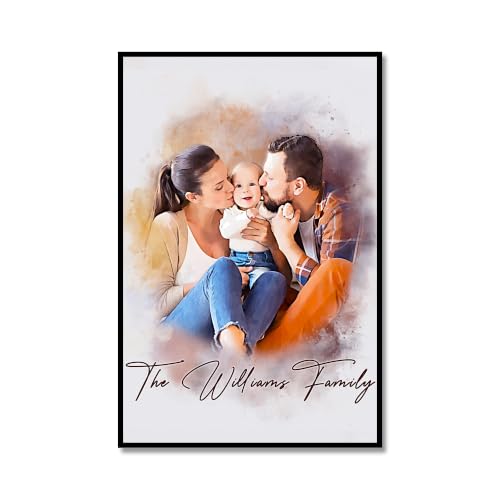 framed watercolor-style painting of a family group made from a submitted photo, hanging on a wall