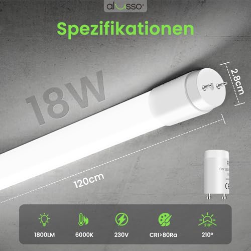 ALUSSO LED Röhre 120cm 6000K Kaltweiß, T8 1800LM 18W(ersetzt 36W) LED Leuchtstoffröhre, G13 Tube Inklusive Starter, 210° Abstrahlwinkel Röhrenlampe, 10-er Pack