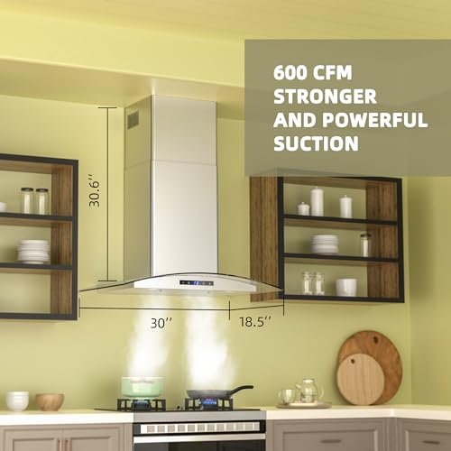 FIREGAS 30 inch Wall Mount Range Hood 600CFM with Ducted Exhaust Vent,3 Speed Fan,Soft Touch Controls,LED Lights,Permanent Filters in Stainless Steel,includes Charcoal Filter - Thumbnail 2