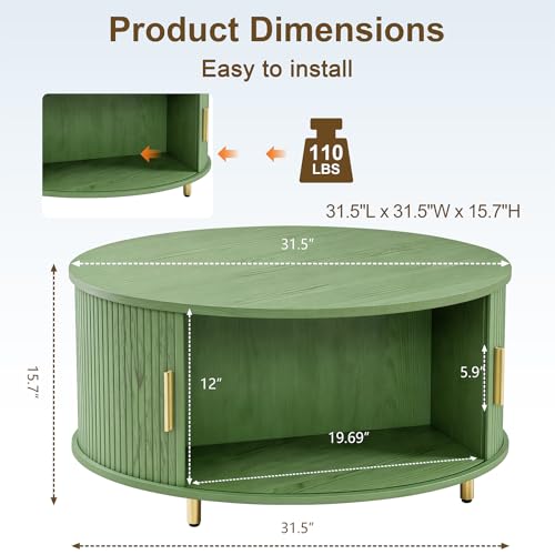 Image of DHH Round Coffee Table, 31.5 inch Mid Century Modern Coffee Table with 360 Sliding Tambour Door, Fluted Accent Table with Storage Adjustable Footpads for Living Room (Green)