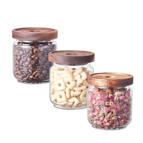 Eden & Willow Airtight Borosilicate Glass Kitchen Storage Jars with Acacia Wooden Lids, Food-Safe Pantry Organiser, Suitable for Home and Kitchen Use (Set of 3, 470ml)