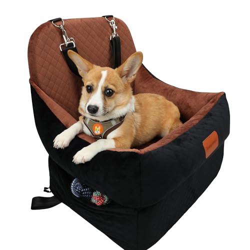 Dog Booster Car Seat for Small/Medium Dogs up to 30 lbs,Interior 7 Inches Elevated Pet Booster Seat,Ultra Soft Fabric and Memory Foam Car Dog Bed,Safety,Comfy,Fully Detachable Washable(H-Black/Brown)