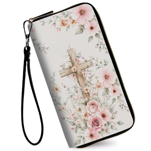Image of Women's Wallets Credit Card Holder Money Leather Long Wallet | Long wallet with Wristlet,Large Capacity with Zip-Around Phone Purse for Women Ladies Girls,Pink Floral Cross Christian