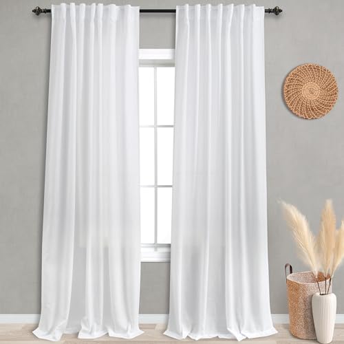 KOUFALL White Sheer Curtains 120 Inches Long for Living Room 2 Panels Set Back Tab Semi Sheer Light Filtering Privacy Linen Curtain Drpaes,52x120 Inch Length