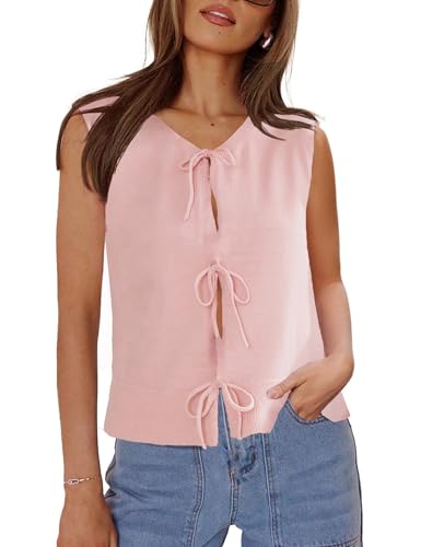 Womens Sweater Vest 2025 Summer Sleeveless Crewneck Tie Front Tops Bow Crochet Knit Vest Crop Tank Tops Trendy Vest