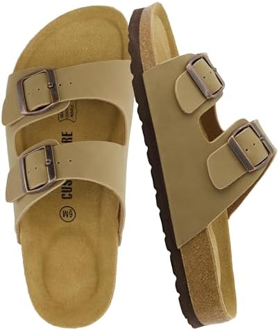 CUSHIONAIRE Lane Cork Footbed Sandals for Women โ Comfortable Double Buckle Slip-On with Genuine Suede Footbed & Arch Support Slides for Women Footwear