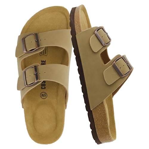 Image of CUSHIONAIRE Lane Cork Footbed Womens Sandals Comfortable Double Buckle Slip On Sandals for Women with Arch Support and Classic Two Strap Design