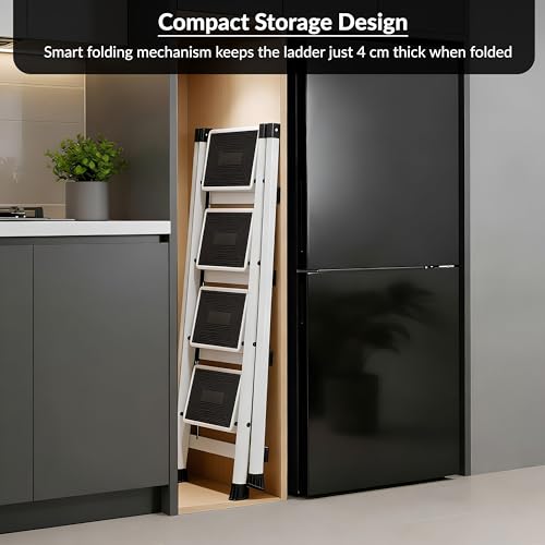 Image of Plantex 4 Step Ladder for Home Use /Wide Anti-Slip Heavy-Duty Step Stool /Lightweight Kitchen Ladder 4 Step (White)