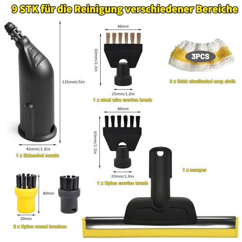 9 Stück Dampfreiniger Zubehör, Kompatibel mit Kärcher Dampfreiniger Zubehör SC1 SC2 SC3 SC4 SC5, Mundstück Düse, Rundbürste, Fugenbürsten, Fensterabzieher, Mikrofaser-Tuch