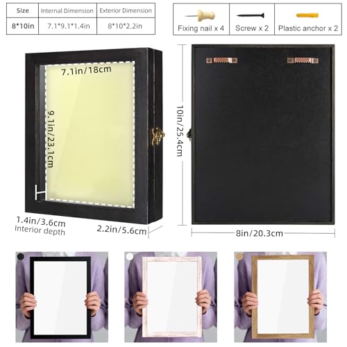 Image of TJ.MOREE Shadow Box 8x10 Memory Display Case Wooden Picture Frame Black | Fits 7x9 Inserts with Linen Back, Rustic Keepsake Box with Glass for Pet Memorabilia Gifts, Wedding Bouquet, Military Medals
