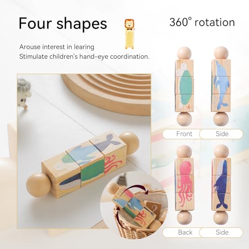 Image of Wooden Animal Puzzle Toy for Toddlers 1-3, Rotating Spin Twist Blocks Set of 2, Learning Educational Montessori Toy Gifts for Kids Boys Girls, Whale and Fox